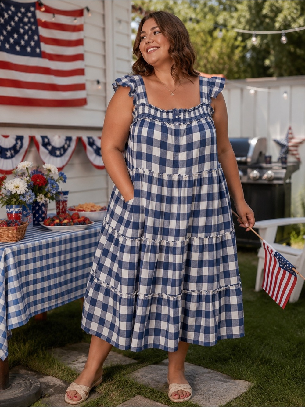 Old Navy Blue White Gingham Button Down Midi Dress Size 4X Cottagecore Picnic